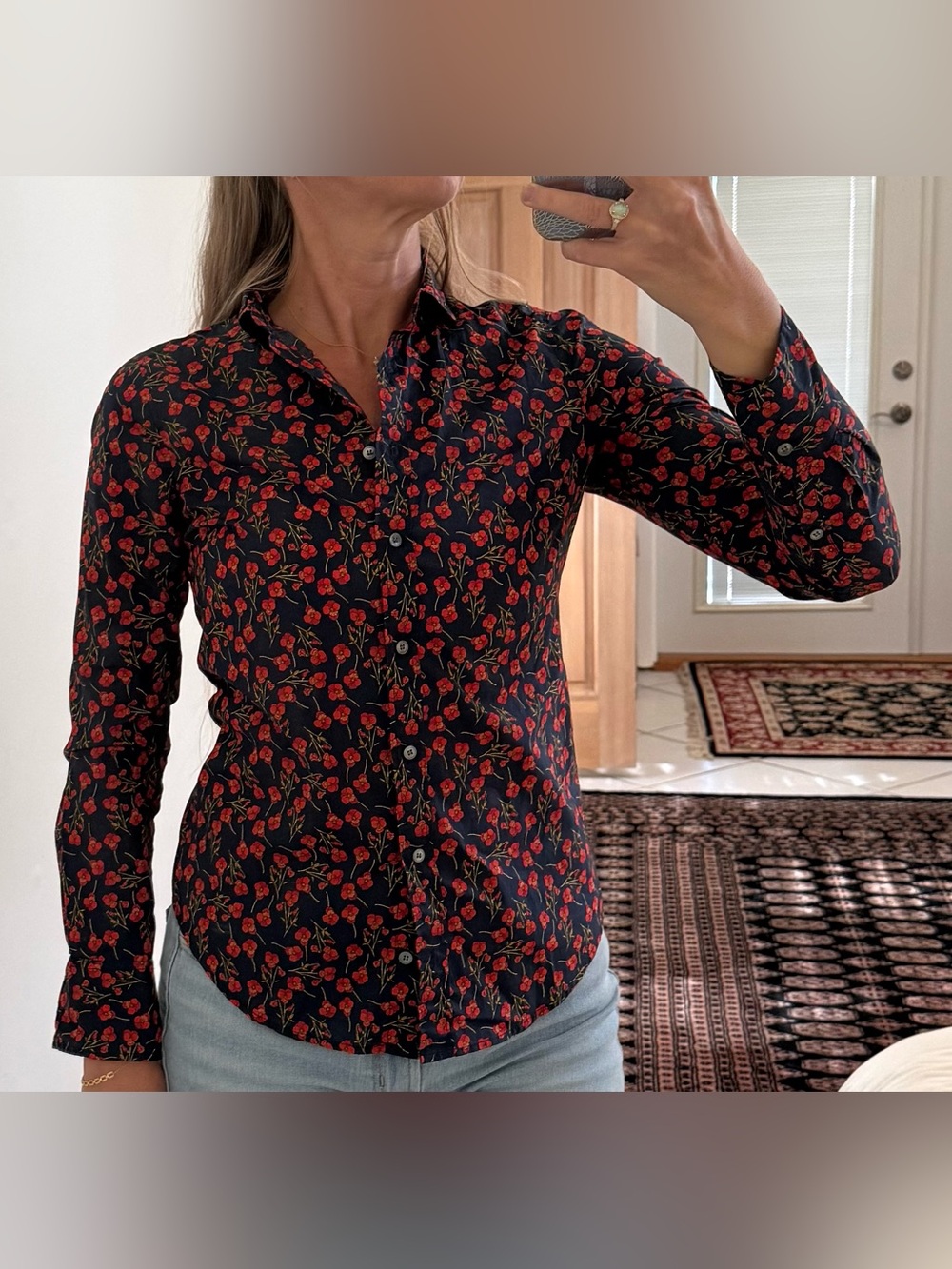 J. Crew Black Button-Down Shirt with Red Floral Print